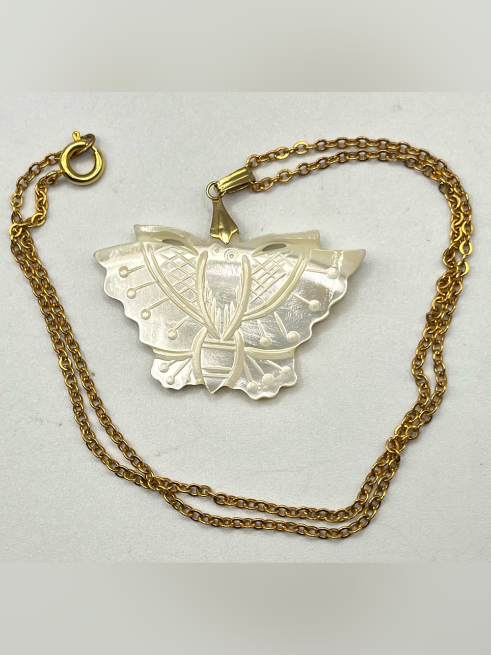 Vintage Carved Mother-of-Pearl Butterfly Pendant Necklace